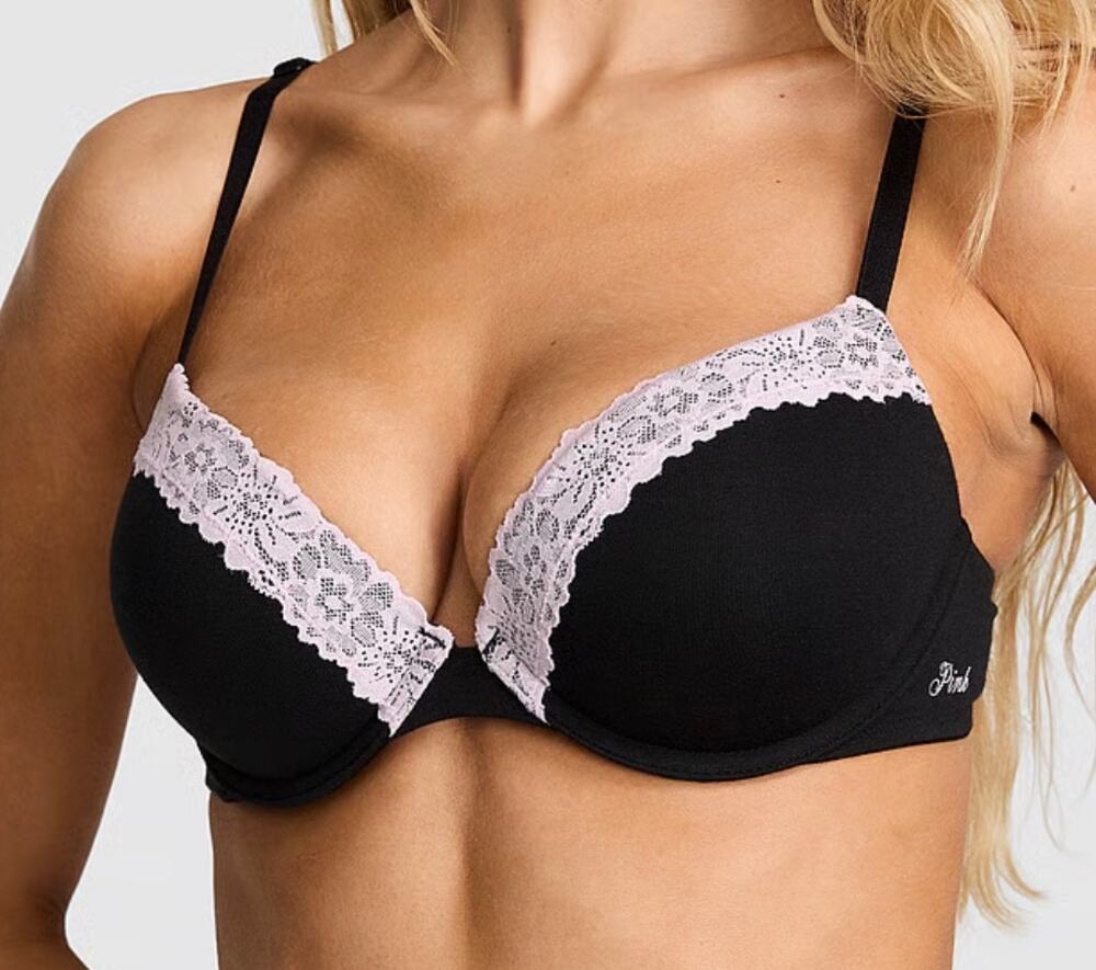 Victoria's Secret PINK Black Lace Wear Everywhere Super Push Up Bra 32C NEW